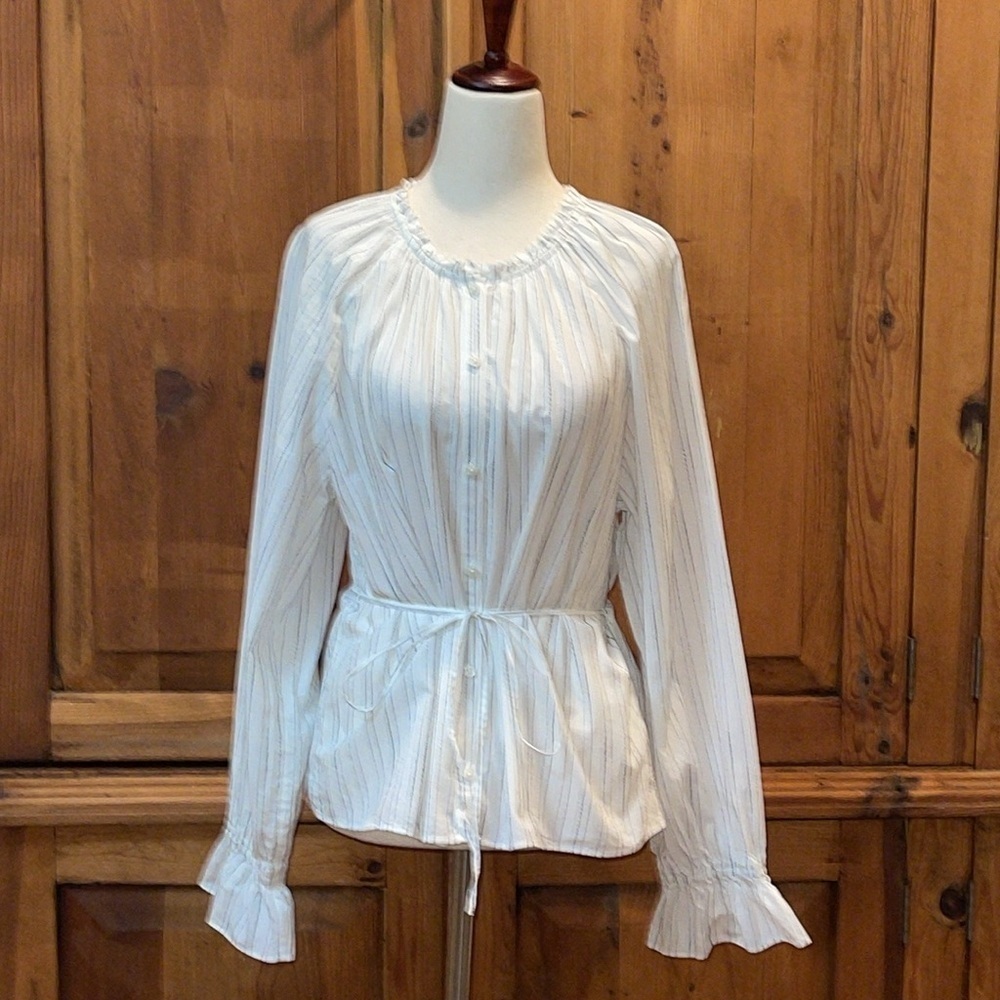 J. Crew Peasant Tulip Cuff Tie Waist Button down Blouse Sz. L - Picture 4 of 16